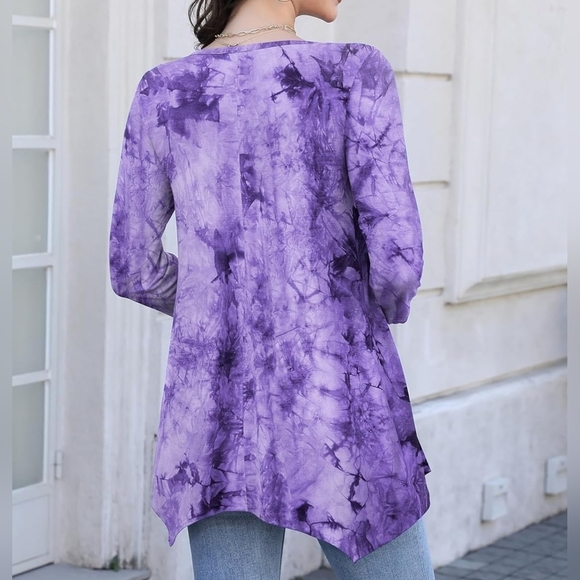 Women's 3/4 Sleeve Casual Flowy Loose Fit Swing Top Tunic, Purple Tie Dye - Picture 3 of 9